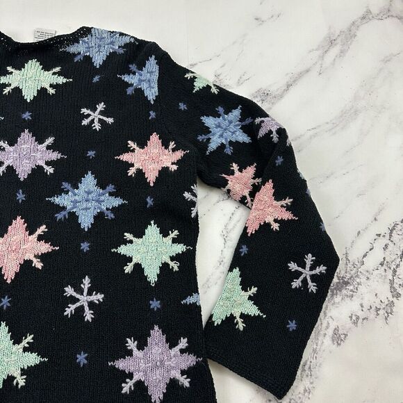Talbots Womens Vintage 90s Snowflake Cardigan Sweater Size L Black Blue Holiday - Picture 10 of 12